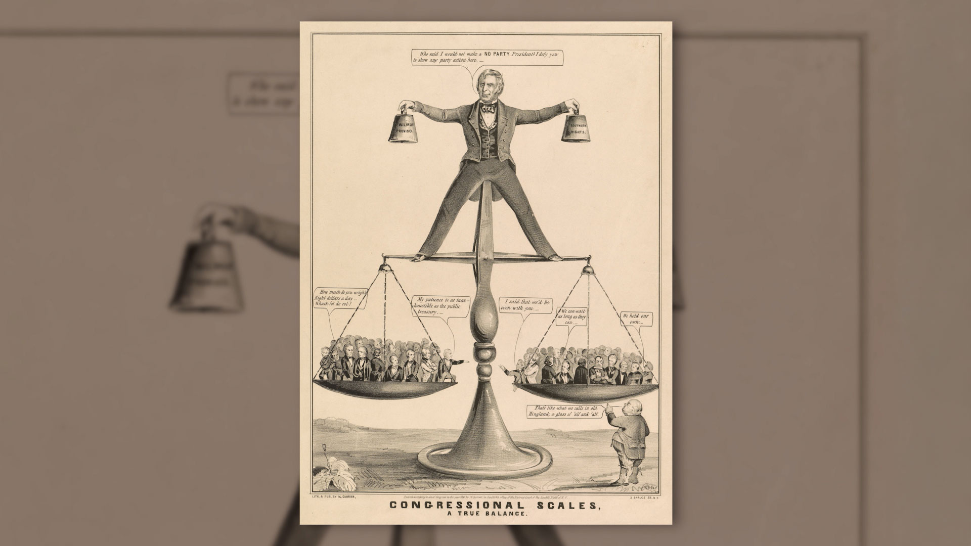 A man stands on a large balance scale holding weights, with groups of people in each scale pan, representing a political cartoon titled "Congressional Scales, A True Balance.