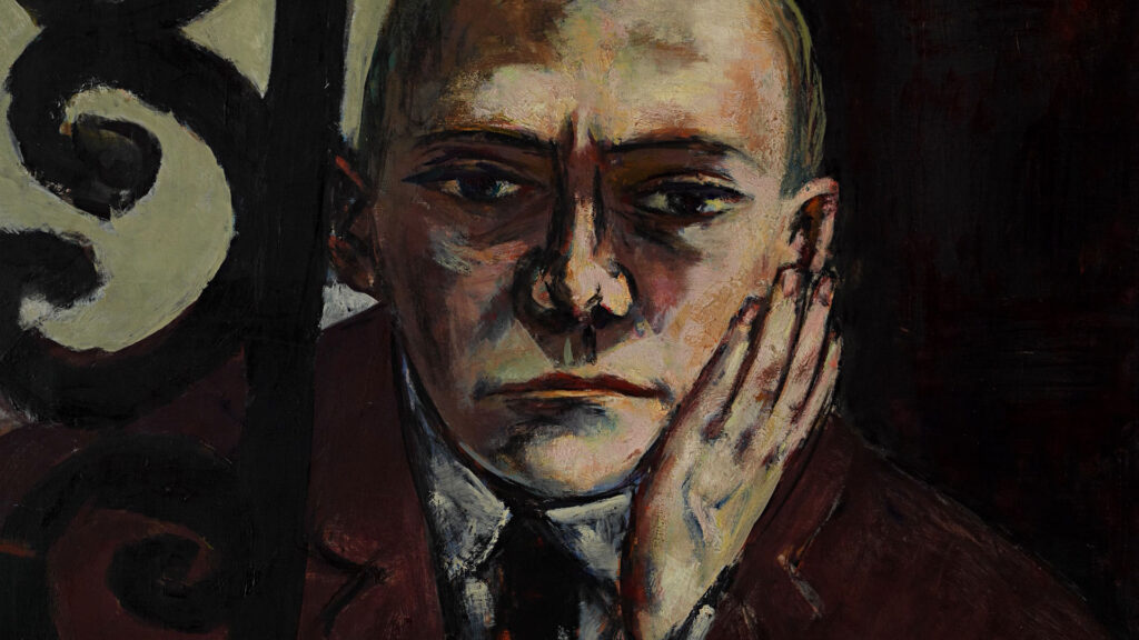 A painted portrait of a person with a solemn expression, resting their face on their hand, wearing a suit and tie against a dark background.