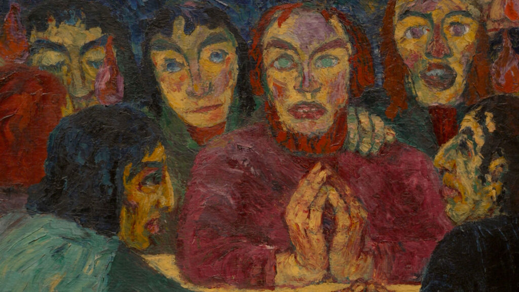 An expressionist painting depicts several figures with exaggerated facial features and vivid colors gathered closely together, some with hands clasped and one with a hand on another's shoulder.