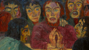 An expressionist painting depicts several figures with exaggerated facial features and vivid colors gathered closely together, some with hands clasped and one with a hand on another's shoulder.