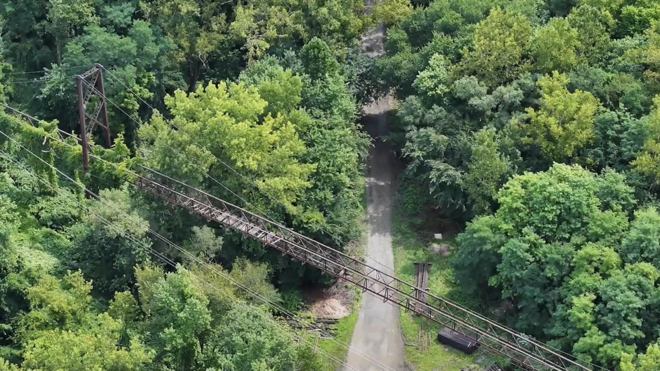 A narrow road runs through dense green forest, with overhead power lines crossing above the trees.