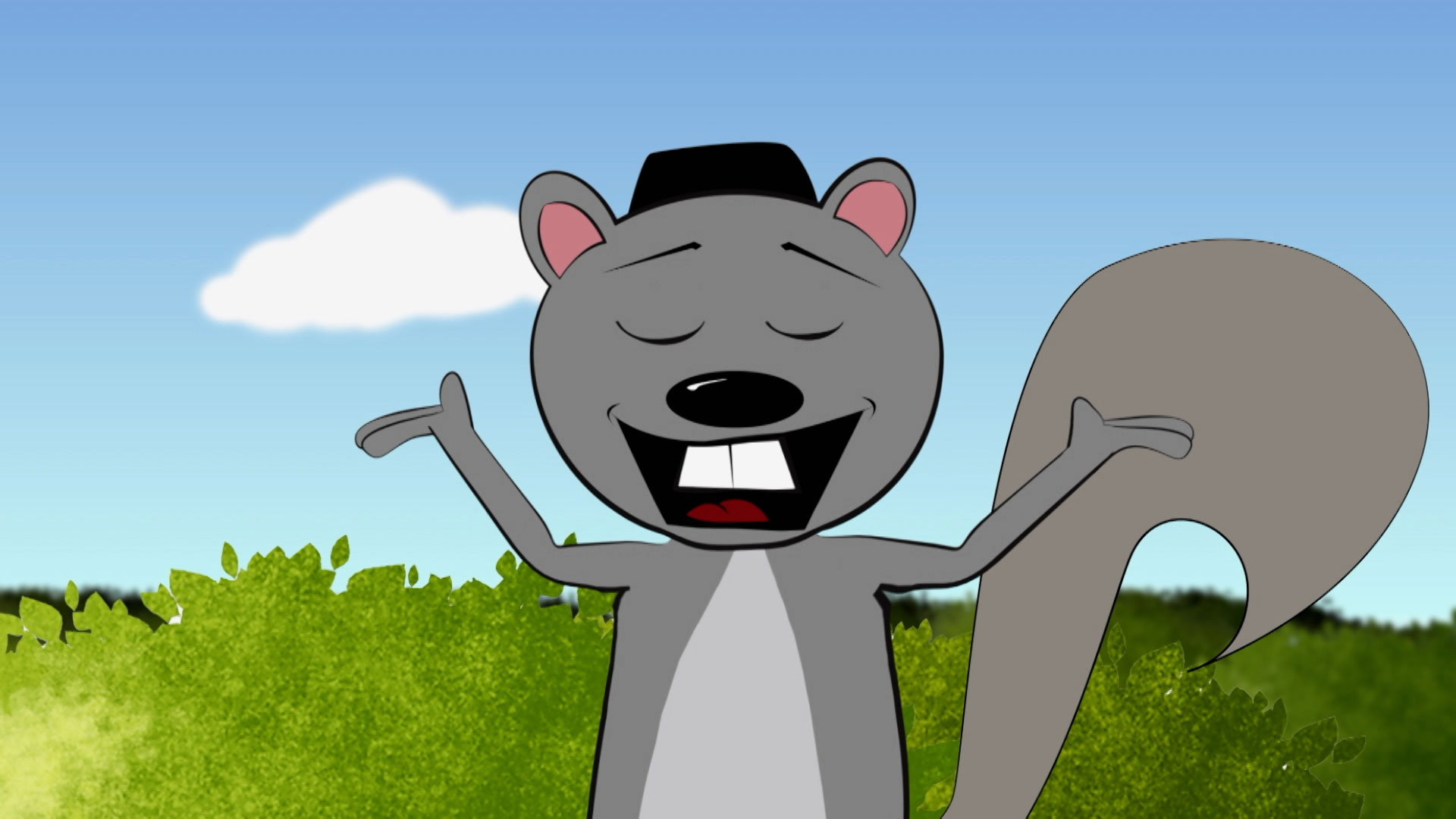Cartoon gray squirrel wearing a black hat, smiling with eyes closed and arms raised, standing in front of green bushes and a blue sky with a single cloud.