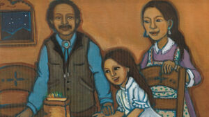 Three people, two adults and one child, sit together at a table in a warmly lit room with a window showing a night sky. A small, glowing object is on the table in front of them.