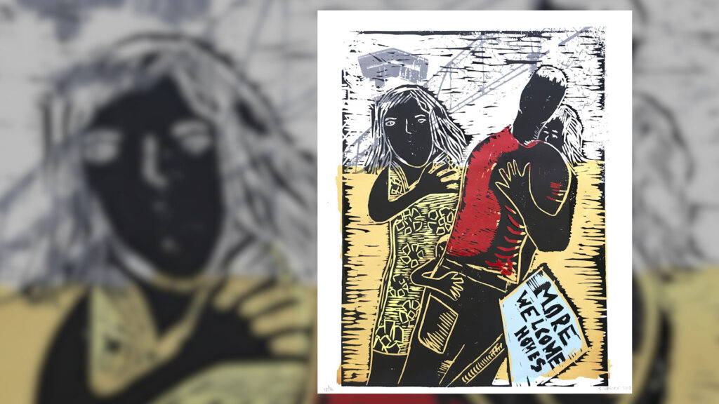 A stylized illustration of two people, one holding a sign that reads "MORE WELCOME HOMES," with a yellow and white background.