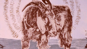 Illustration of a long-haired goat with curved horns standing on a textured surface, surrounded by radiating lines in the background.