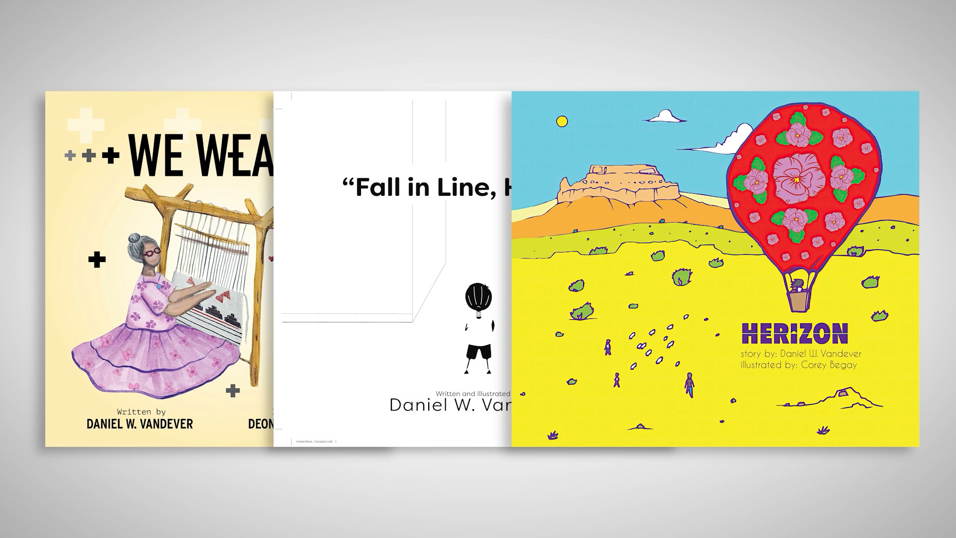 Three children's book covers are displayed side by side, featuring illustrated artwork and titles by Daniel W. Vandever.