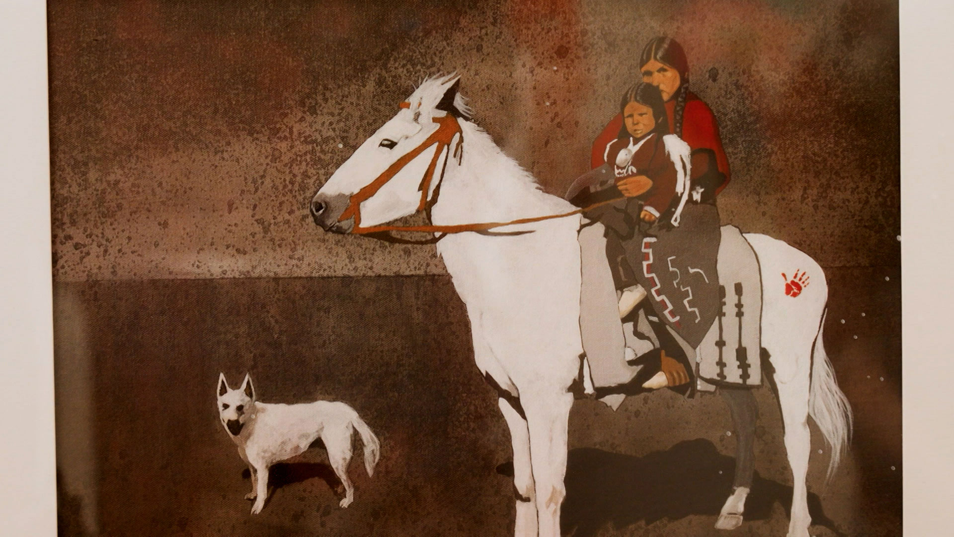 A person and a child sit on a white horse with patterned tack, while another white dog stands nearby on a brown, textured background.