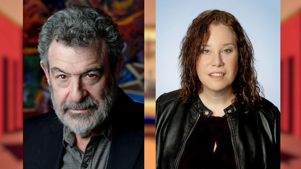 Two adults, one man with gray hair and beard in a suit, and one woman with wavy brown hair in a black jacket, facing forward against colorful and light blue backgrounds.