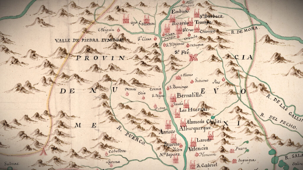 Historic map showing mountainous terrain, rivers, and settlements in the Province of Nuevo México, with place names such as Santa Fe, Albuquerque, and Bernalillo labeled.