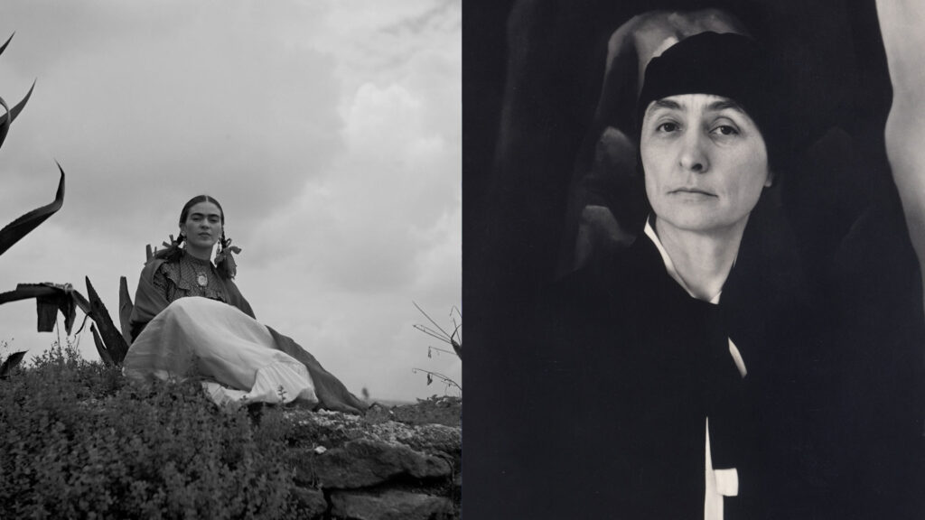 Split image: Left, a woman in traditional dress sits outdoors next to plants; right, a woman in dark clothing and headscarf poses for a formal black-and-white portrait.