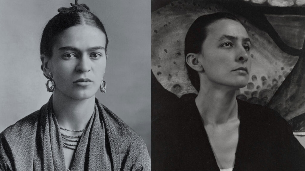 Two black and white portraits side by side showing women with serious expressions, both wearing earrings and layered necklaces, photographed against simple backgrounds.