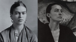 Two black and white portraits side by side showing women with serious expressions, both wearing earrings and layered necklaces, photographed against simple backgrounds.