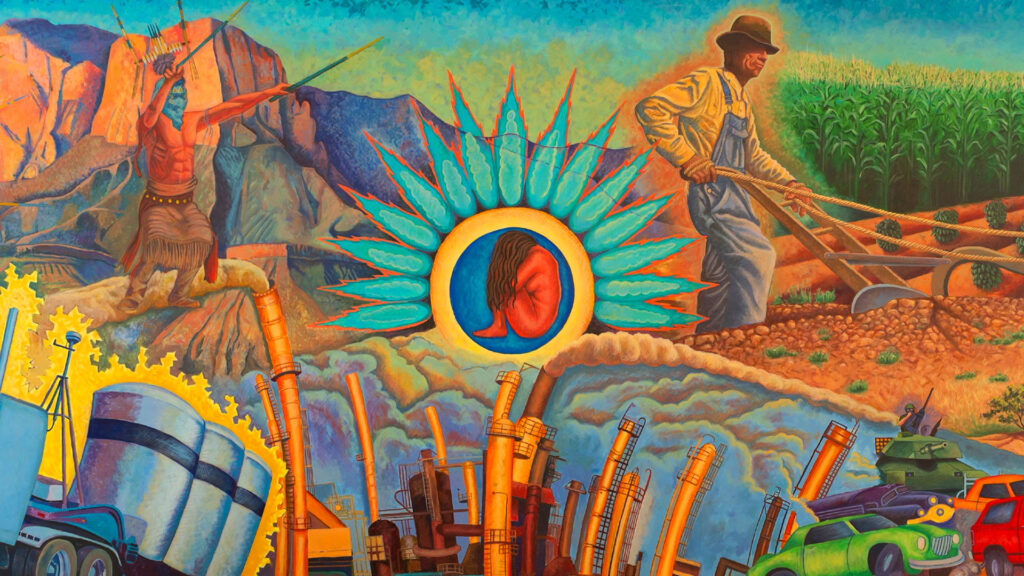 A mural shows an Indigenous person, a farmer plowing a field, factories with smokestacks, and cars, all centered around an ear framed by blue rays.
