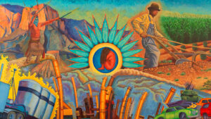 A mural shows an Indigenous person, a farmer plowing a field, factories with smokestacks, and cars, all centered around an ear framed by blue rays.