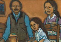 Three people, two adults and one child, sit together at a table in a warmly lit room with a window showing a night sky. A small, glowing object is on the table in front of them.