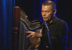 A man playing a harp in front of a microphone.