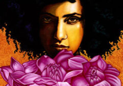Painting of a woman's face with curly hair against an orange background, partially obscured by large pink-purple flowers in the foreground.