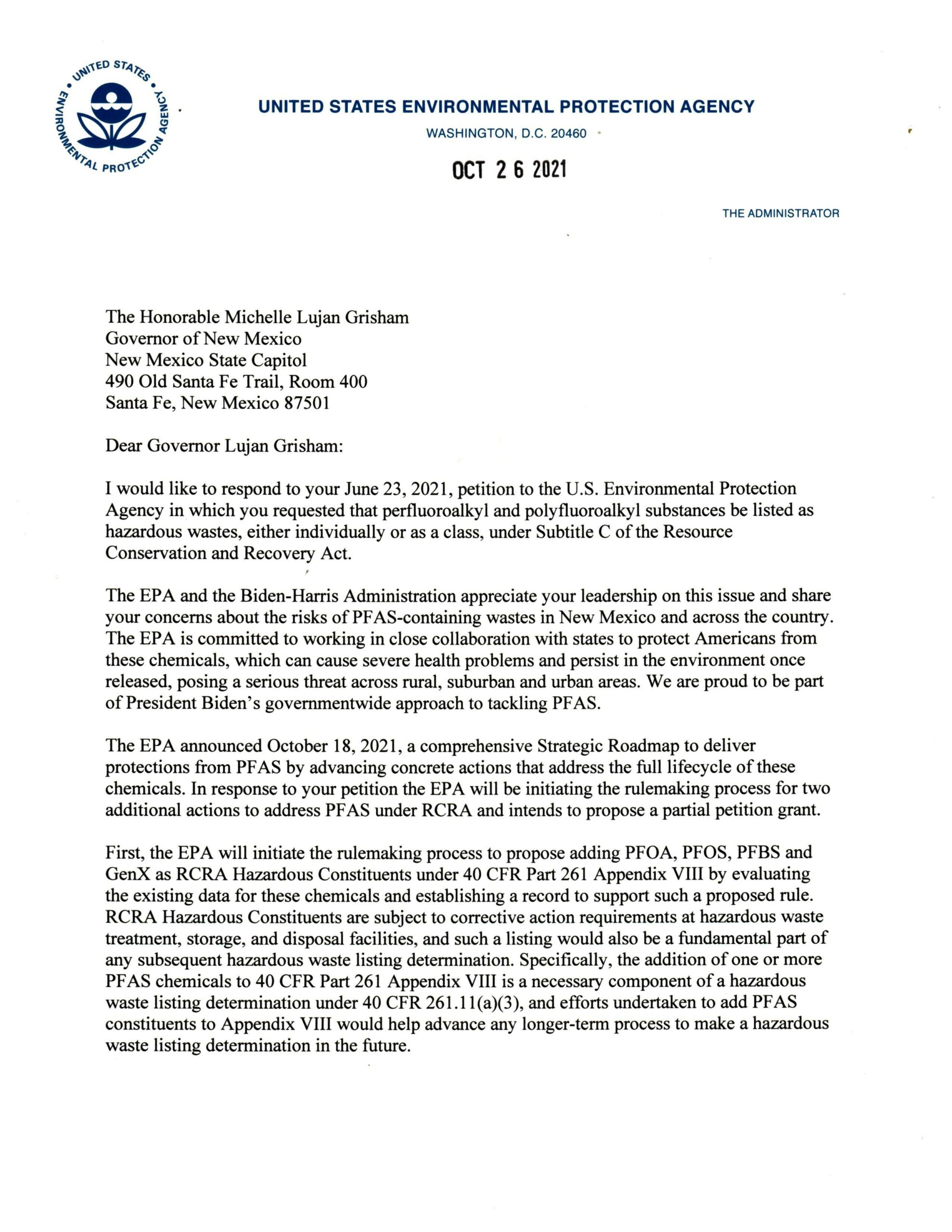 Letter from EPA Administrator Michael Regan about PFAS