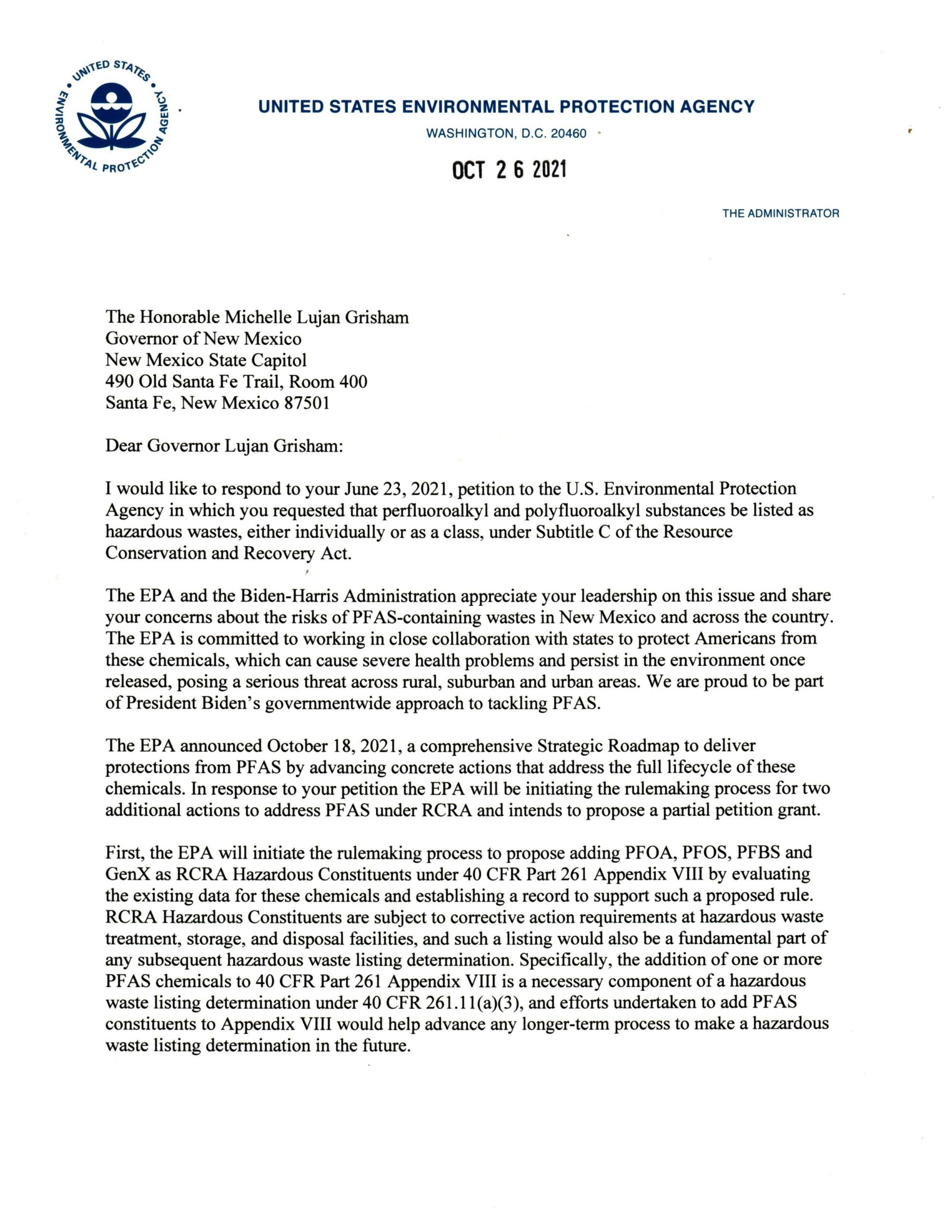 Letter from EPA Administrator Michael Regan about PFAS