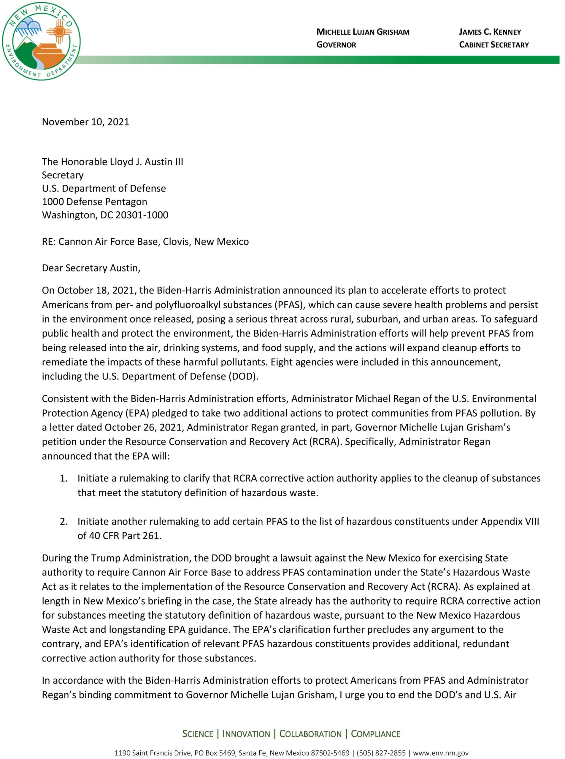 NMED Letter to DOD about PFAS