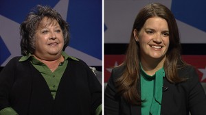 Two pictures of two women sitting next to each other.