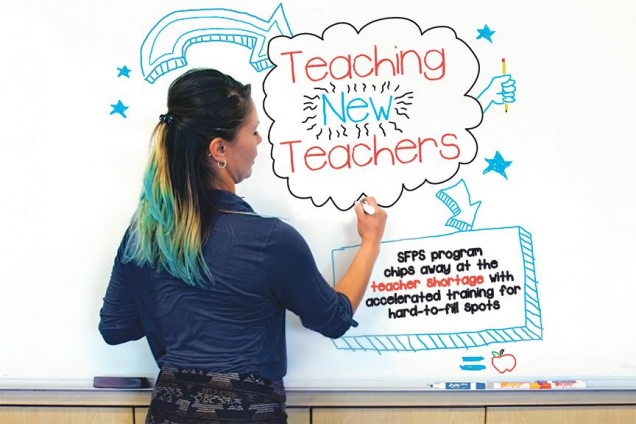 A woman writing on a whiteboard with the words teaching new teachers.