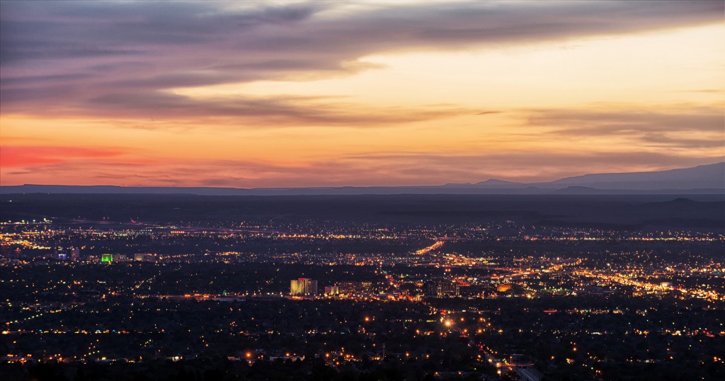 A view of a city at dusk.