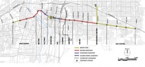 A map showing the route of a bus route.