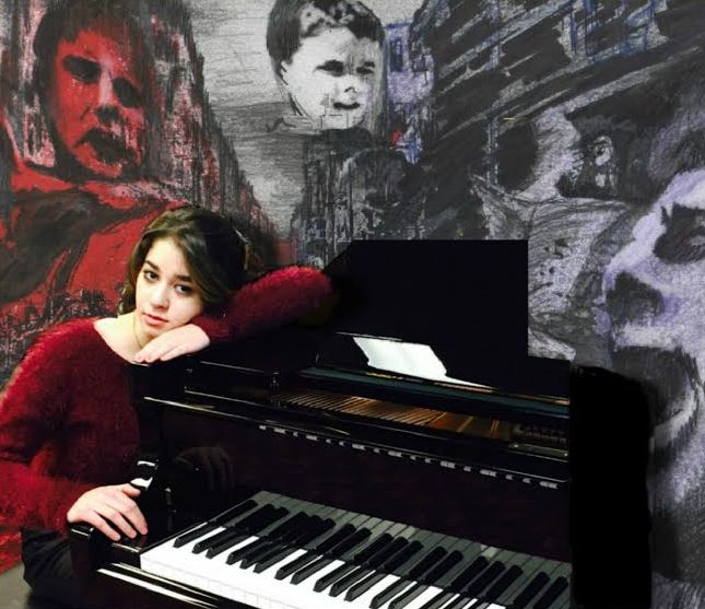 A girl leaning against a piano with a painting on the wall.