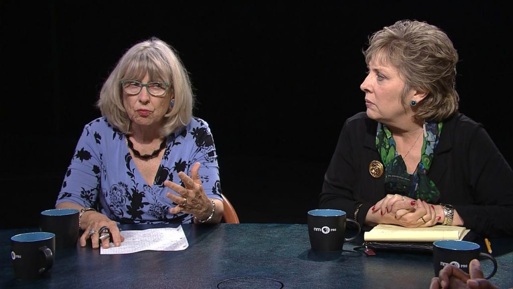 Two women sitting at a table talking to each other.