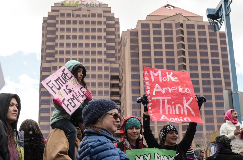 Participants of all ages occupy Civic Plaza in solidarity, Saturday, Jan. 21st, 2017, in Albuquerque, NM. The rally in Albuquerque was a single gathering held in concert with hundreds of rallies and marches spread across the country and around the world. The sister rally in Civic Plaza was “to show solidarity across the nation and at home,” according to social media accounts affiliated with the rally. (Kevin Maestas) 