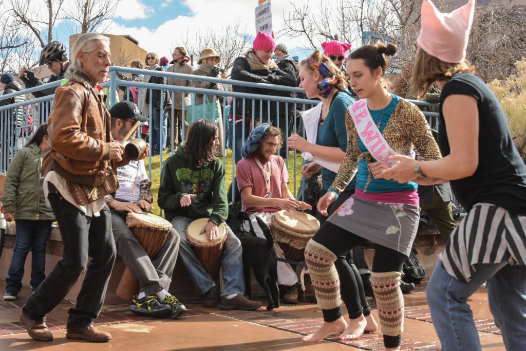 Musicians play music for participants of the Abq Women’s Rally, Saturday, Jan. 21st, 2017, in Albuquerque, NM. The rally in Albuquerque was a single gathering held in concert with hundreds of rallies and marches spread across the country and around the world. The sister rally in Civic Plaza was “to show solidarity across the nation and at home,” according to social media accounts affiliated with the rally. (Kevin Maestas) 