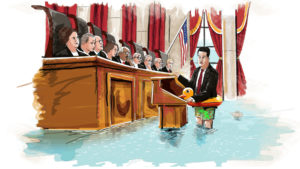 A cartoon of a man standing in a flooded courtroom.