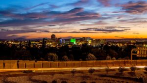 View of the Albuquerque skyline at sunset.