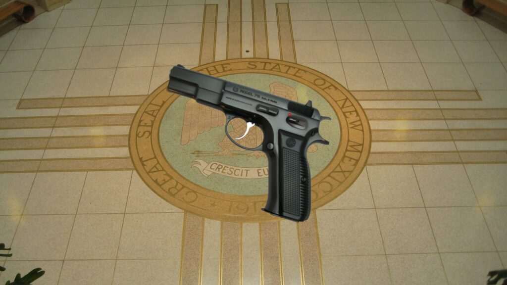 Composite of an illustrated handgun, in front of the seal of New Mexico.