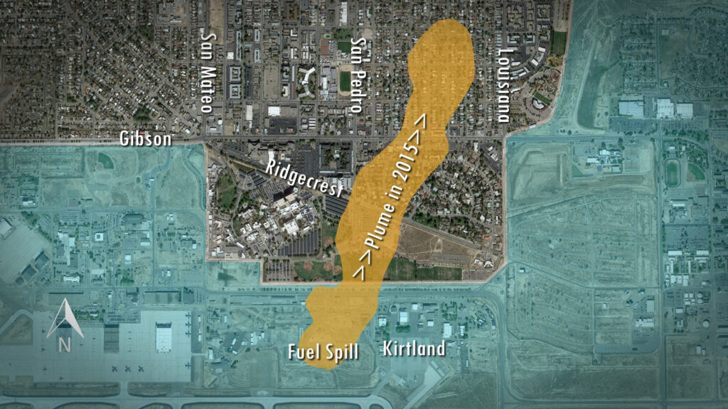 Satellite map-view depicting a plume's travel direction from an oil spill at Kirtland AFB.
