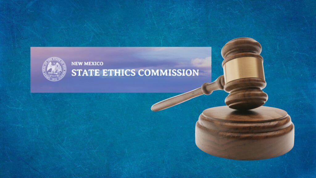 Composite of image of a gavel, and the logo for the New Mexico State Ethics Commission.