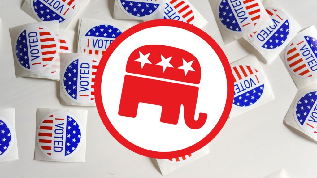 Composite of the GOP elephant logo, with a scattering of "I VOTED" stickers behind it.