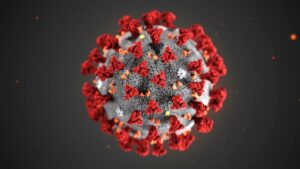 CG illustration of a coronavirus.