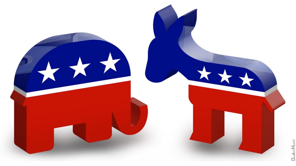 CG illustration of the GOP elephant and Democrat donkey.