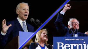 Composite of Joe Biden, Bernie Sanders speaking to crowds from their respective podiums.