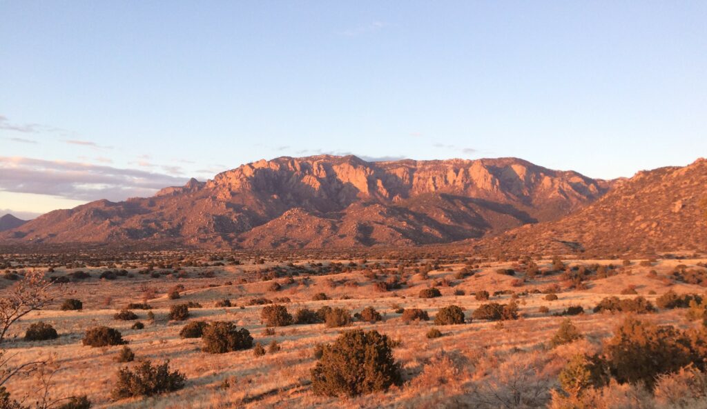 The Sandia mountains at sunset.