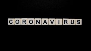 The word "CORONAVIRUS" spelled out with Scrabble tiles.