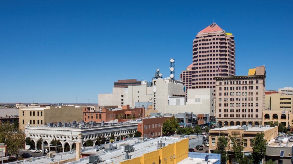 High view of downtown Albuquerque at mid-day.