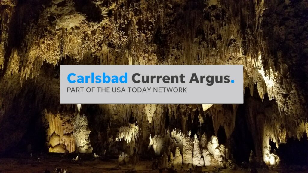 Composite of logo for Carlsbad Current Argus, with cavernous stalagtites in the background.