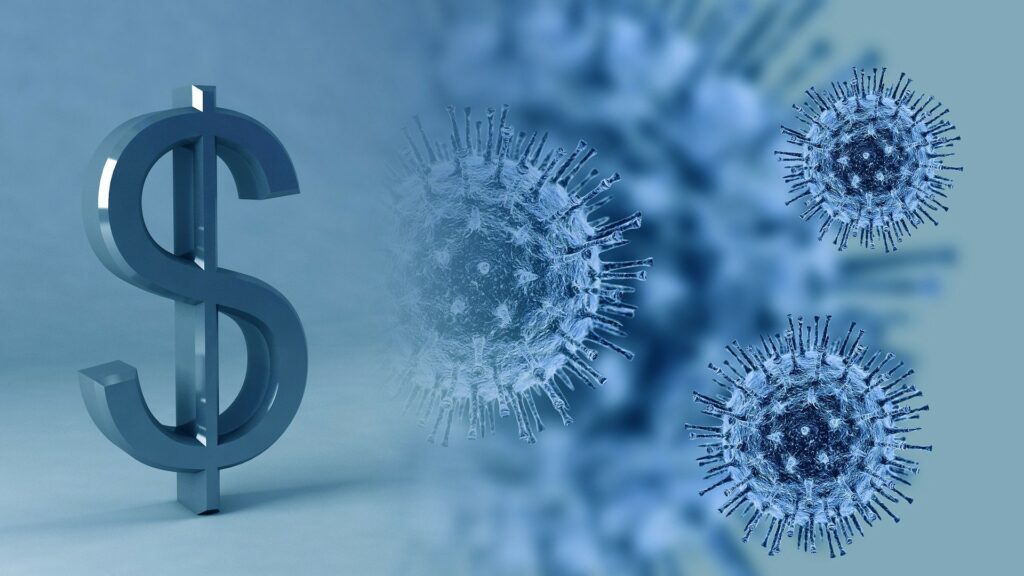 Composite of a 3D dollar sign, and a group of coronaviruses.
