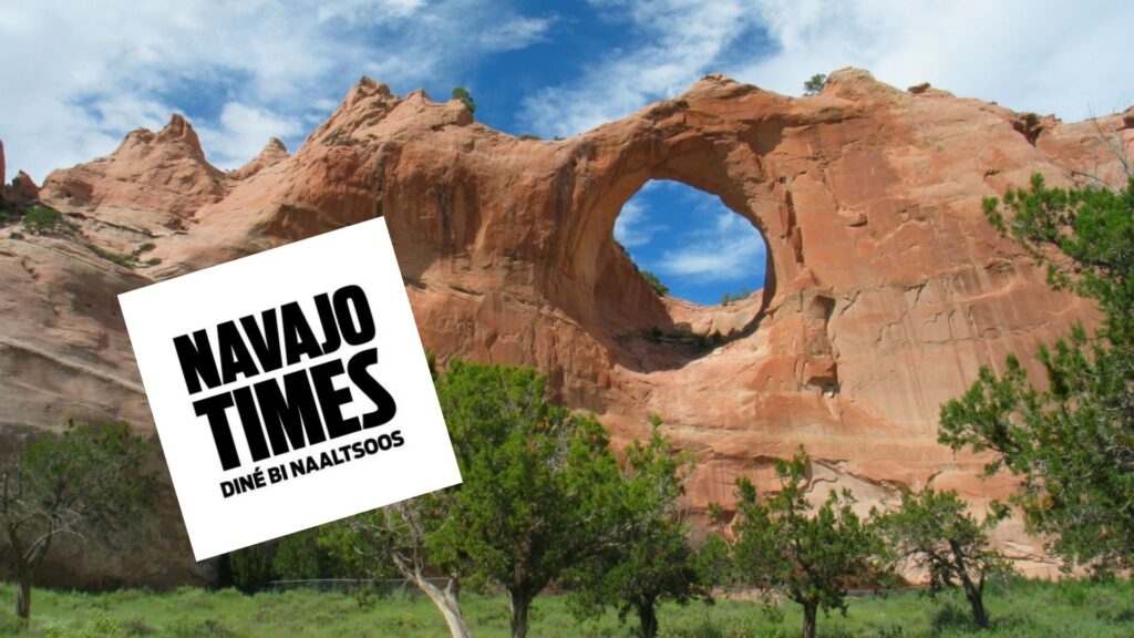 Composite of logo for the Navajo Times in front of a rock formation.