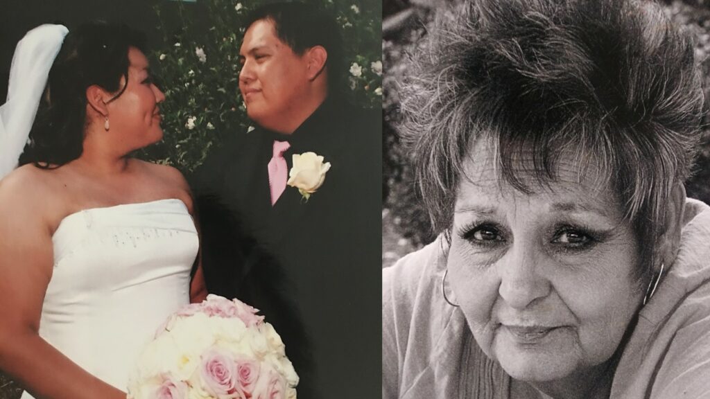 Composite of a wedding photo between two people, and an older person looking forward.