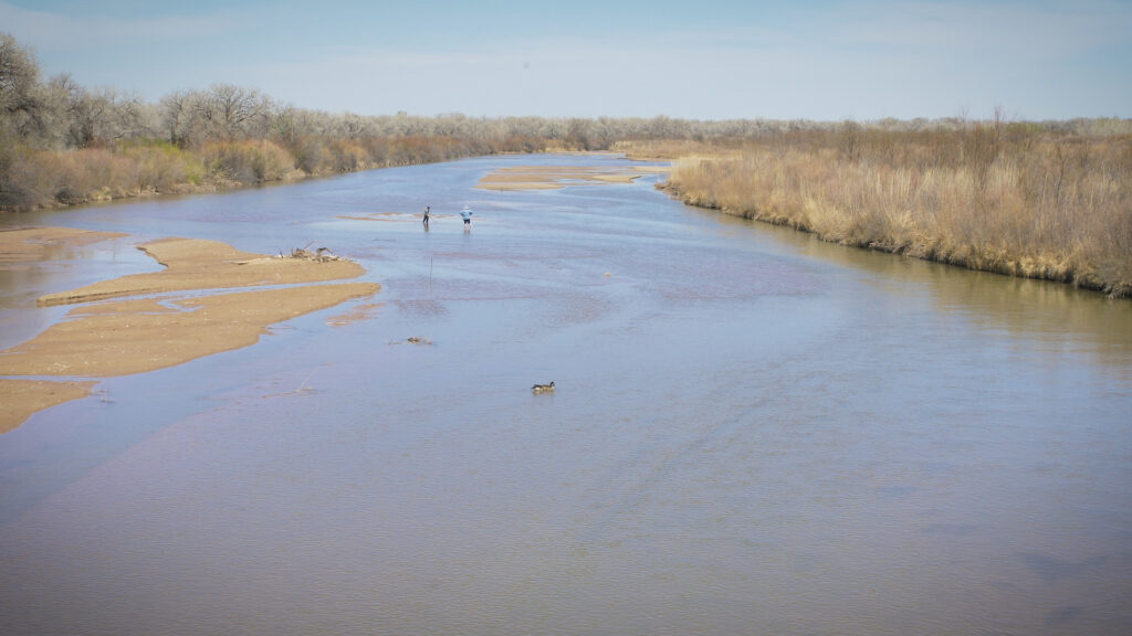 Aerial view of a large body of water flanked by dried-up brush and trees.