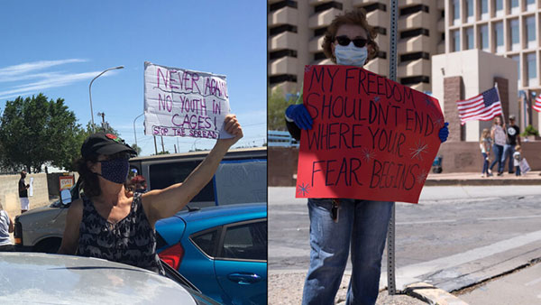 Composite of two people holding signs reading "NO YOUTH IN CAGES" and "MY FREEDOM SHOULDN'T END WHERE YOUR FEAR BEGINS".